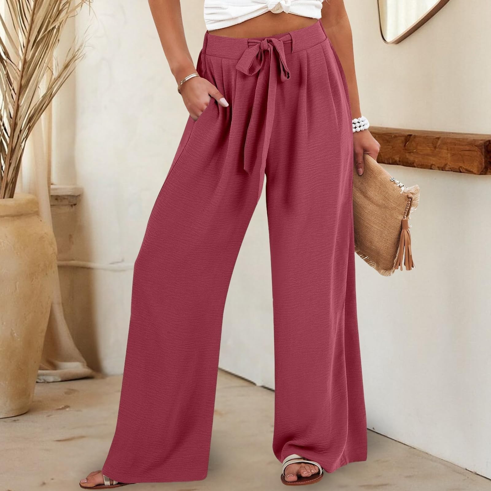 Women's Solid Color Waist Rope Loose Casual Wide Leg Long Pants Women's Clothing