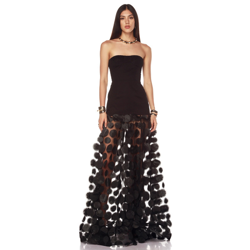 European and American Style Black Sexy Strapless Backless Long Dress with 3D Floral Cutout Patchwork A-Line Puffy Skirt
