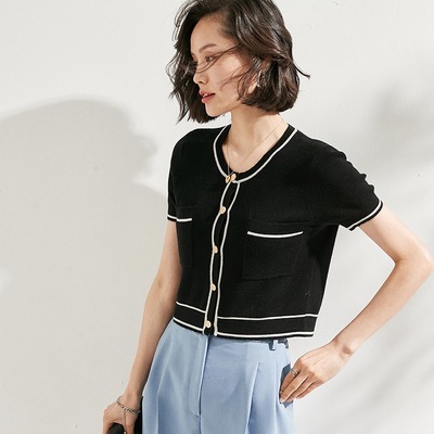 春夏精紡純羊毛針織開衫毛衣薄款單排修身氣質純色圓領短袖小香風