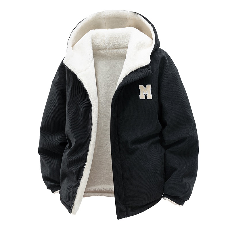 Corduroy Hooded Padded Jacket For Men And Women Thickened Padded Jacket Fleece Couple Padded Jacket_viptrois.com