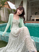 温柔风蕾丝边碎花吊带连衣裙女装夏季薄款长袖防晒针织开衫两件套