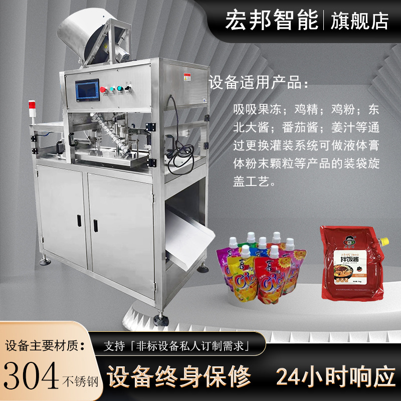全自动自立袋灌装旋盖一体机  吸嘴袋灌装旋盖机  宏邦机械灌装机
