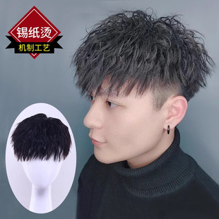 Short Bob Wig for Men, Korean Style, Foil Perm, Natural Full Real Hair, Forehead and Top Hairpiece, Real Hair Strands