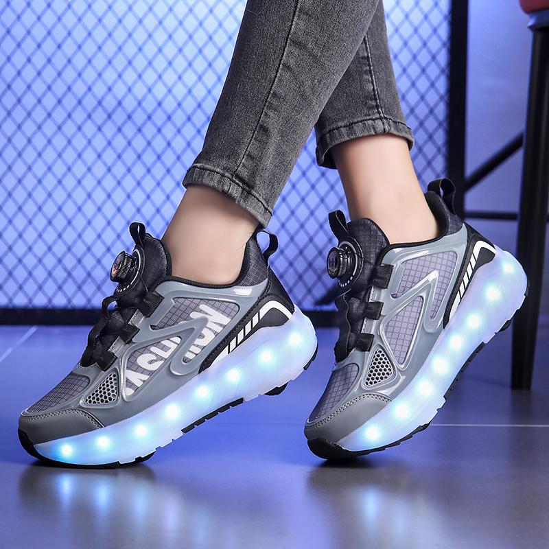 Cross-Border Four-Wheel Heelys Shoes for Children, Sports Roller Shoes for Boys, Luminous Light Shoes for Girls, Eight-Wheel Transforming Skates