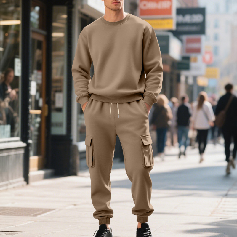 Europe, America, Autumn And Winter Heavy Velvet Men's Loose Casual Sports Tooling Round Neck Solid Color Sweater Trousers Set_viptrois.com