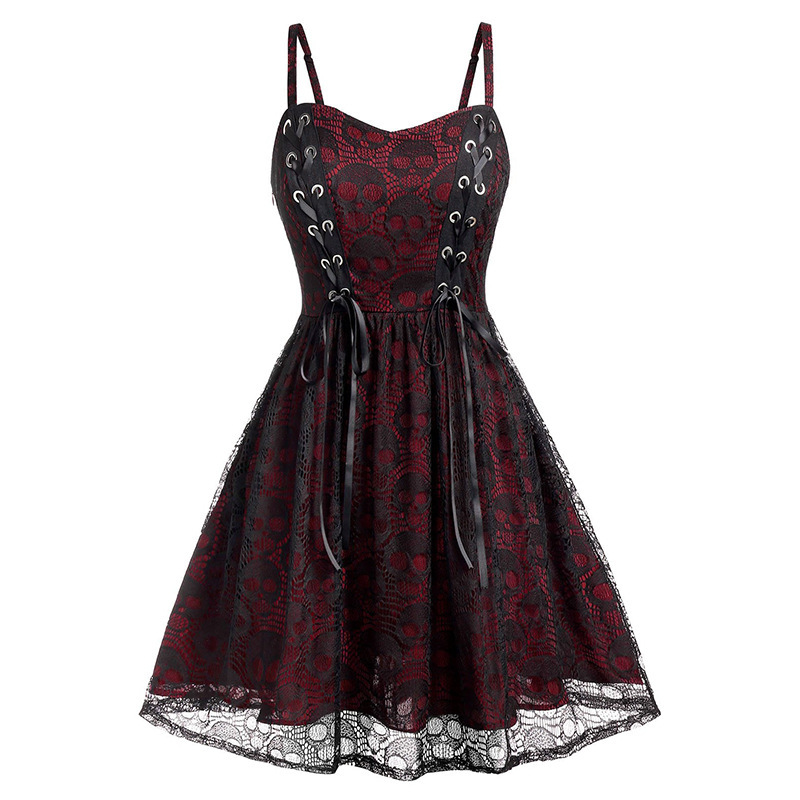 Cross-Border Women's Lace Splicing Skull Mesh Sleeveless Suspender Drawstring Dress Ready-Made Punk Style Dress Cross-Border Women's Lace Splicing Skull Mesh Sleeveless Suspender Drawstring Dress Ready-Made Punk Style Dress