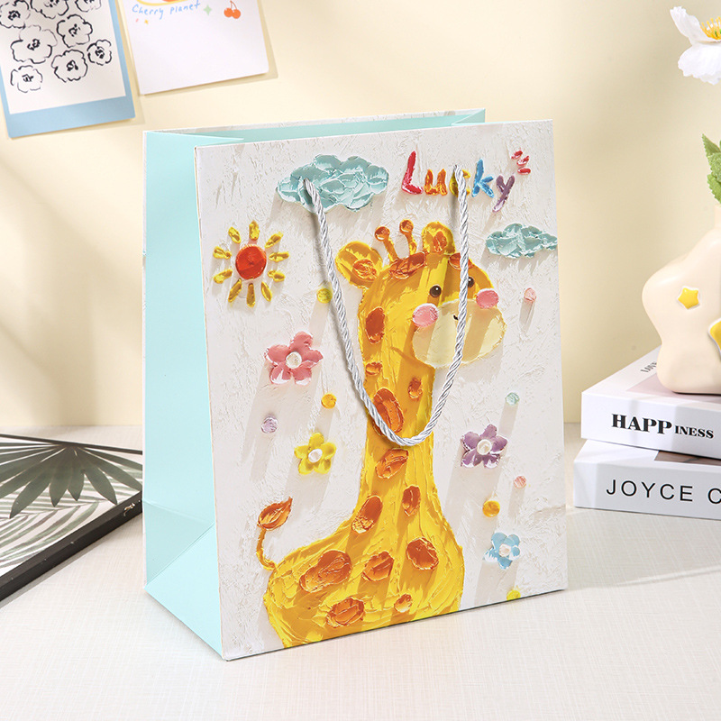 可爱长颈鹿生日快乐礼品袋手提袋子新年节日送礼物包装袋油画喜糖