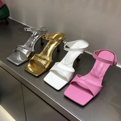 歐美風高跟涼拖鞋女外穿2024年新款夏季細跟方頭露趾仙女百搭涼鞋