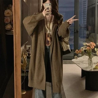 跨境复古美拉德长款毛衣外套女秋冬新款宽松慵懒风连帽开衫女