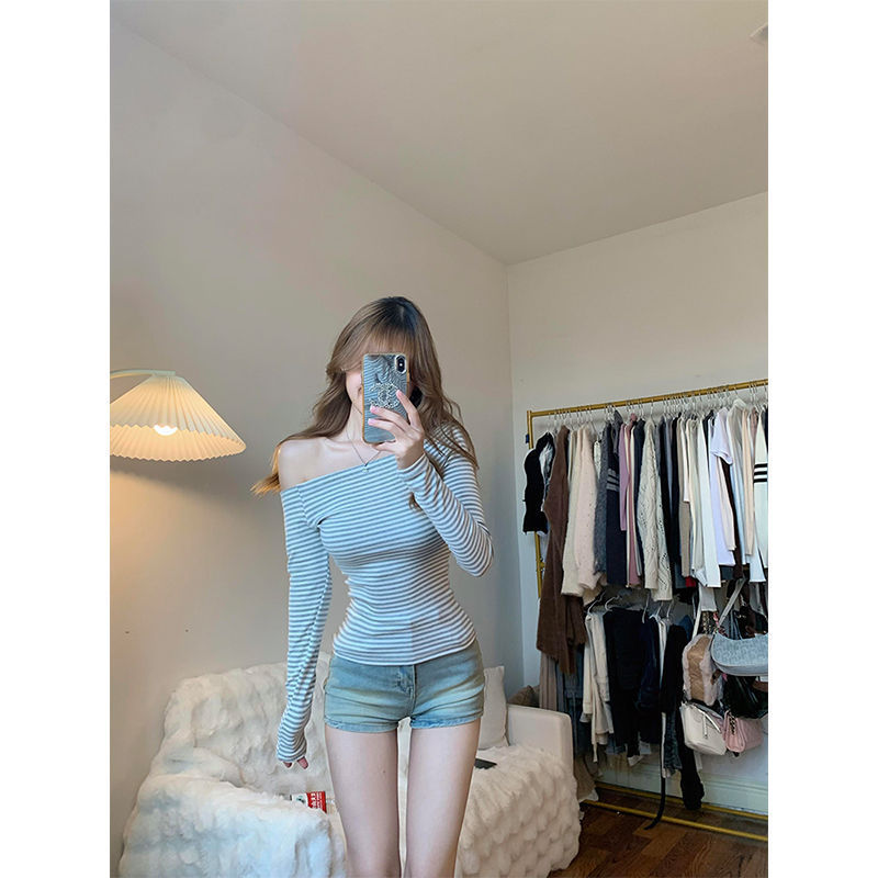 纯欲显瘦撞色辣妹条纹秋季长袖T恤女一字肩修身上衣秋冬法式露肩|undefined