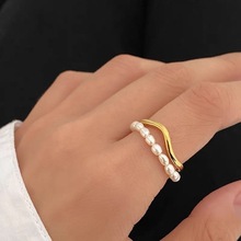 小众设计双层淡水珍珠金属戒指女韩国个性约百搭气质时尚指环