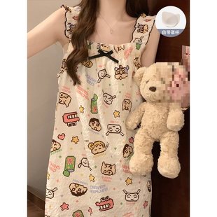 Summer Suspender Nightgown with Breast Pads for Women Summer Thin Japanese Style Cute Pajamas Dress Plus Size Maternity Home Clothes