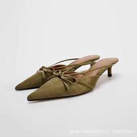 ZA2025秋季新款蝴蝶结尖头高跟鞋女猫跟穆勒鞋不累脚气质包头凉鞋