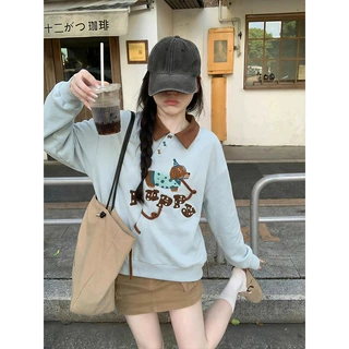 polo领甜美腊肠狗刺绣卫衣女春秋冬季2026新款韩系宽松慵懒风上衣