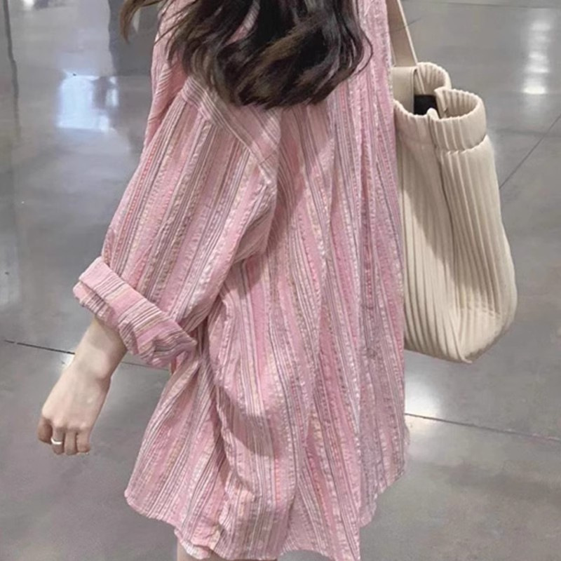 Pink Striped Shirt for Women, Summer Thin Style, 2026 New Model, Sun-Protective Cardigan Shirt, Unique Design Top