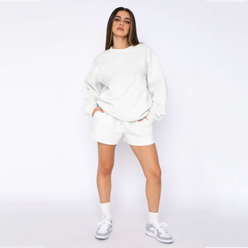 Einfarbiger Pullover, Rundhalsausschnitt, Langarm, modisches, lässiges Shorts-Set_voghion.com
