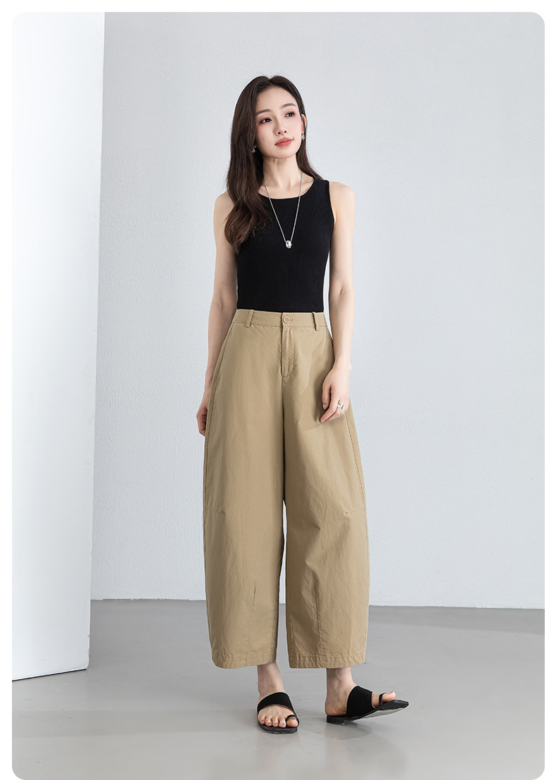 Quần culottes nữ ống rộng cạp cao vải lanh phối cotton, dáng bong bóng thoáng mát — màu kaki chi tiết 19