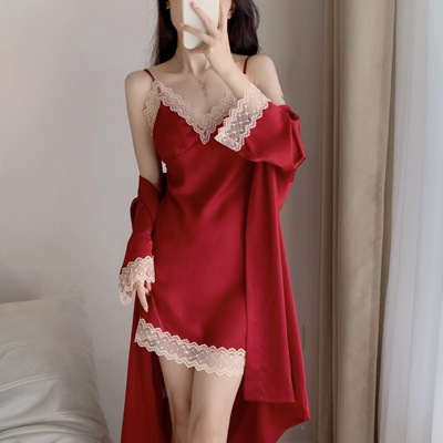 Sexy Pajamas Women's 2023 New Summer Thin Ice Silk Lace Solid Color Sling Pajamas Skirt with Chest Pad