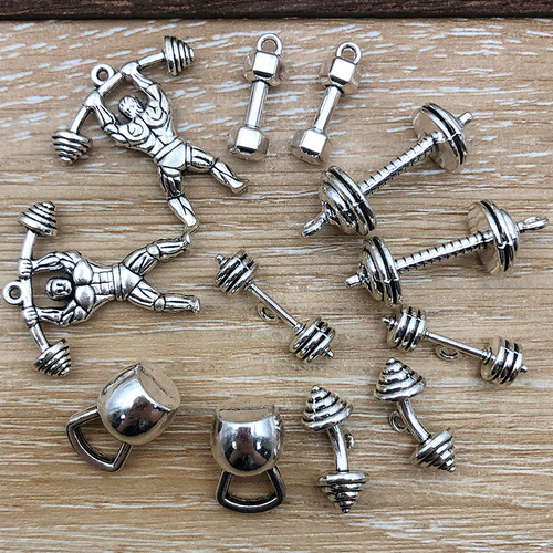 A set of 1 new antique silver alloy simulated dumbbell weightlifting athlete accessories DIY handmade decoration accessory hanger material
