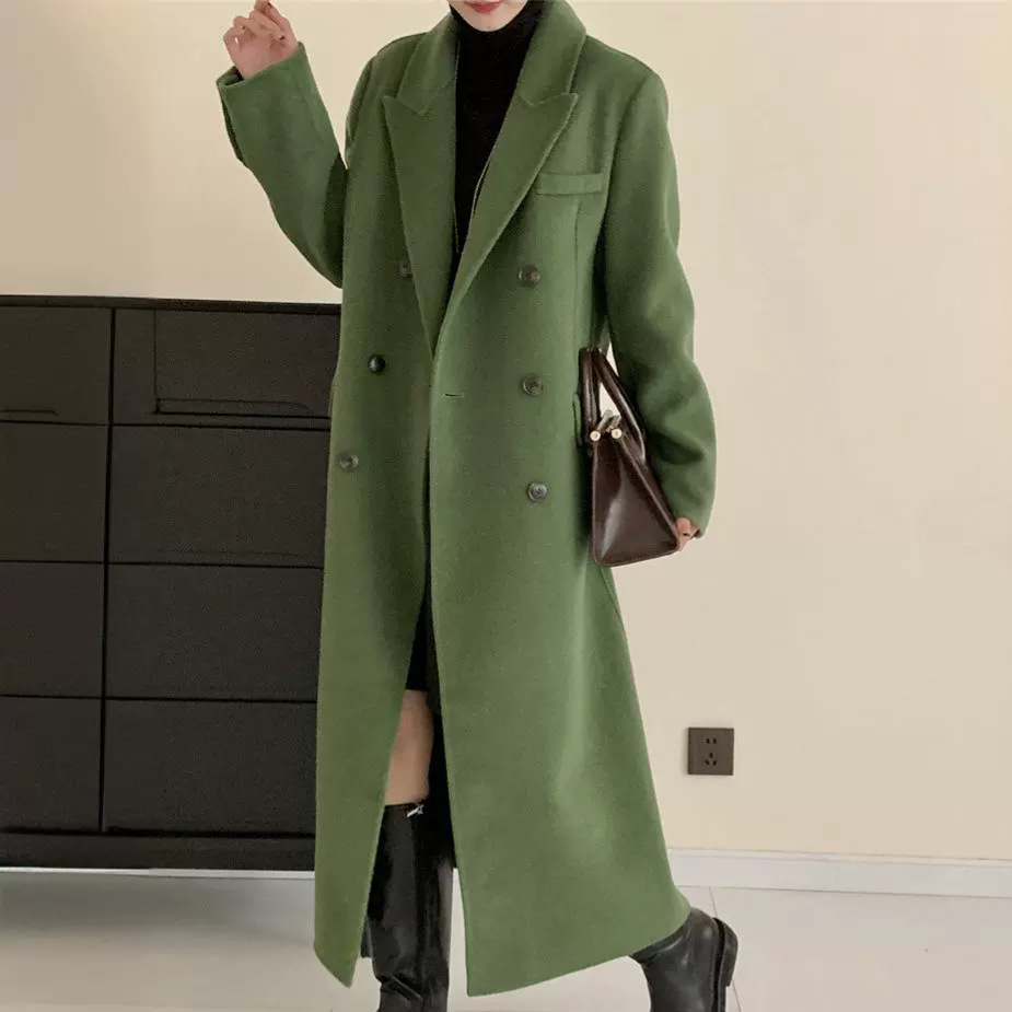 Womens Suit Collar Long Double Breasted Jacket Wool Coat