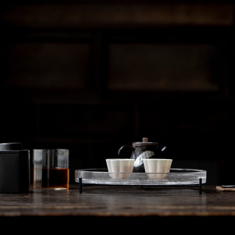 水晶ガラス円形茶盤フロスト透明創意乾燥泡茶台小茶盤壺承茶点盤|undefined