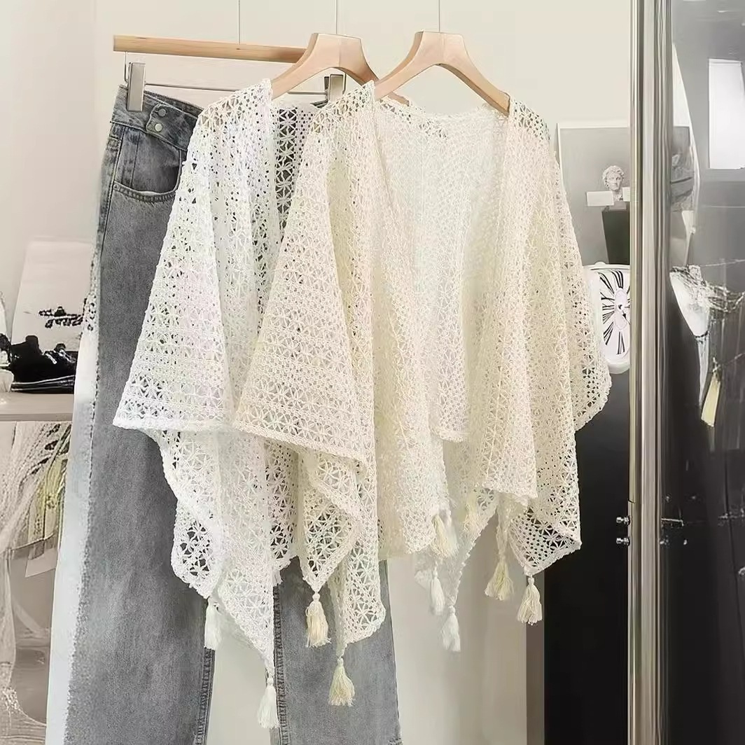 New Ethnic Style Versatile Hollow-Out Tassel Cardigan Sun Protection Shawl, All-Season Chic Niche Shawl to Pair with Cheongsam Trend