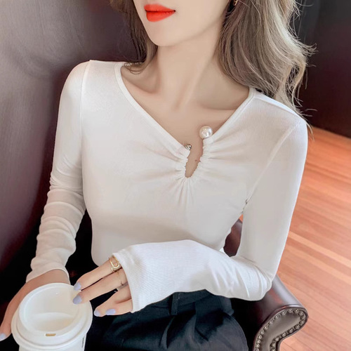 Core yarn spring summer autumn winter new slimming base shirt design sense long sleeve knitted sweater women's bare collar top