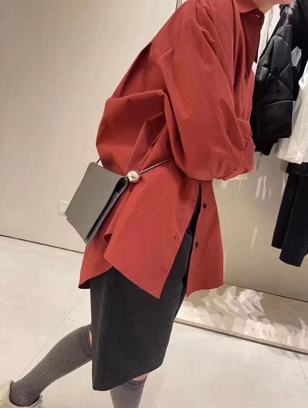 Fulin 2023 Designer Urban Fashionable Elegant Korean Red Loose Cotton Loose Shirt for Women Fulin 2023 Designer Urban Fashionable Elegant Korean Red Loose Cotton Loose Shirt for Women
