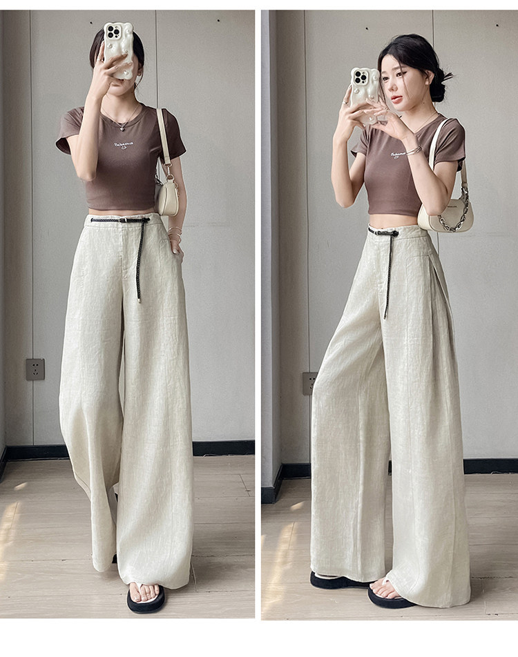 Quần ống rộng nữ chất liệu lanh pha lụa mỏng mùa hè dáng suông dài chạm đất — Màu đen thông thường chi tiết 30