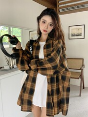 秋季新款大码胖mm美式复古磨毛格子衬衫上衣慵懒风宽松衬衣外套女