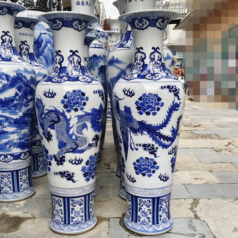 Decoración de cerámica vasos pintados a mano esmaltado porcelana azul colorido paisaje ramas de lotus aterrizaje gran vasos Guanyin vasos grandes ornamentos