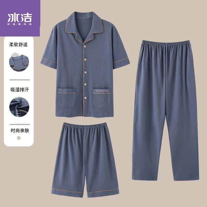 100% pijamas de algodón de los hombres de verano cardigan pantalones cortos de manga corta pantalones de tres piezas delgada más tamaño homewear traje