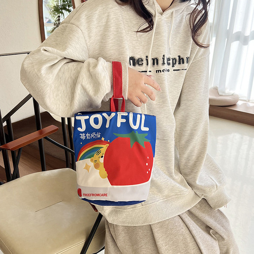 Original ins illustration portable bucket bag handbag hand-held outing snack canvas bag cute outing small bag