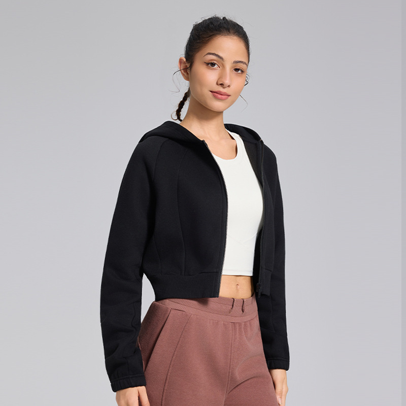 秋冬短款运动外套女拉链加绒瑜伽健身服小个子显高休闲连帽上衣|undefined