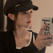 黑色贝雷帽女帽子2025春秋冬新款报童帽大头围显脸小八角帽画家帽