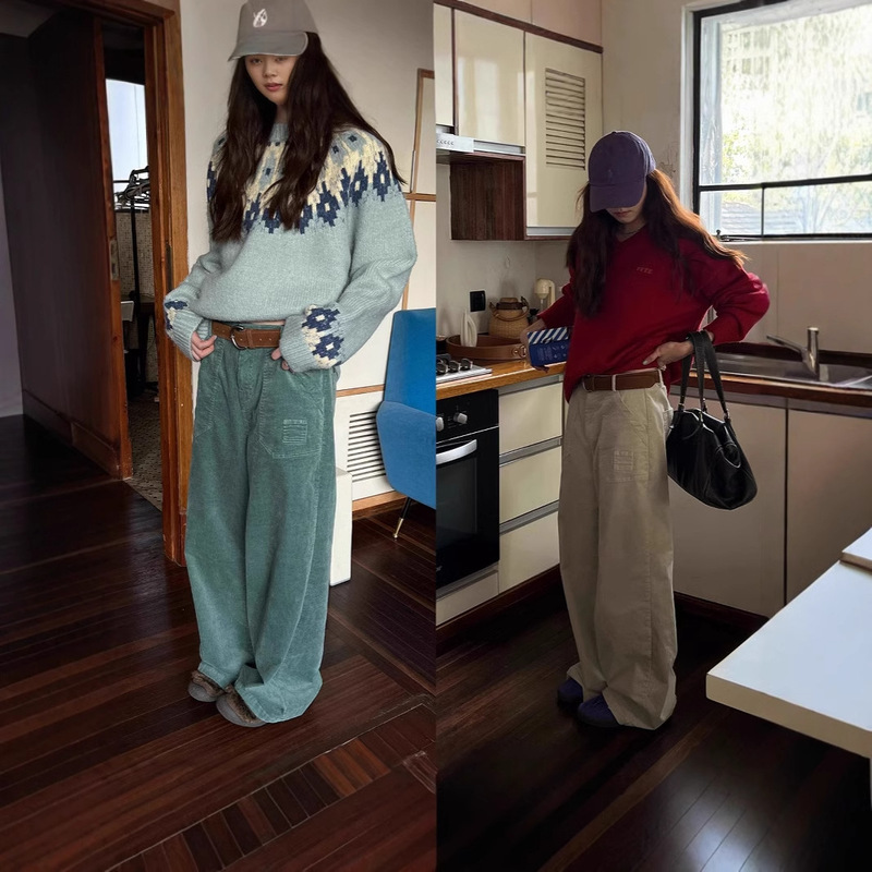 2025 New Corduroy Straight Casual Pants Trousers Women Autumn and Winter Loose Wide Leg Loose Bf Lazy Style Pants