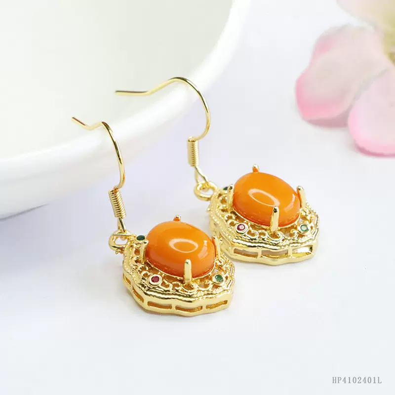 眷钰 天然琥珀耳环老料蜜蜡耳钩复古珠宝直播批发代发S4102401L