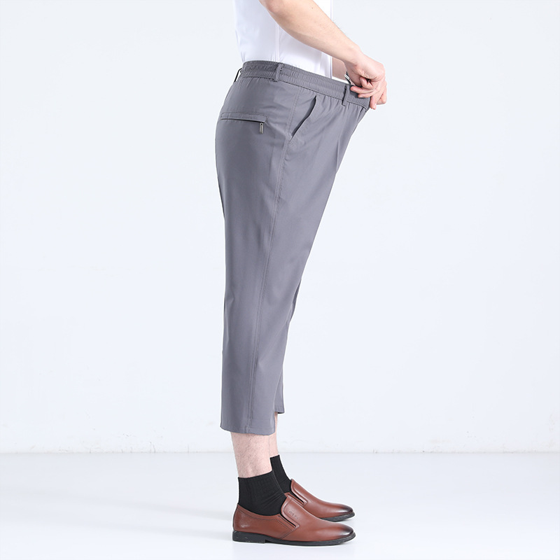 2024 new summer middle-aged dad ice silk eight elastic waist casual pants
