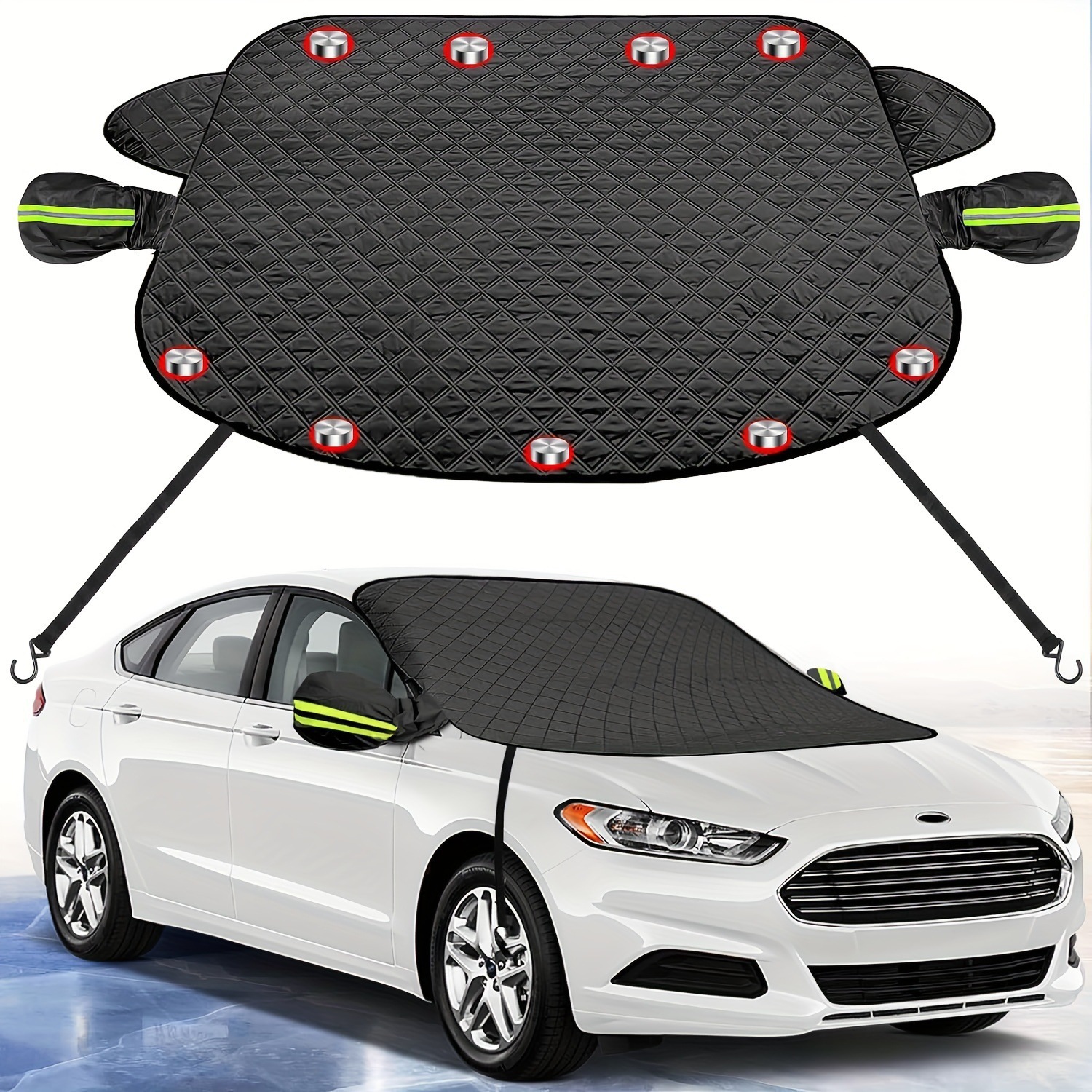 Dajia Car Windshield Snow Cover Winter Magnetic Thickened Windproof Snow Cover Car Cover (Car snow shield) - 140x117cm-cotton-padded-green-mirror-cover-9-magnets-2-windproof-straps