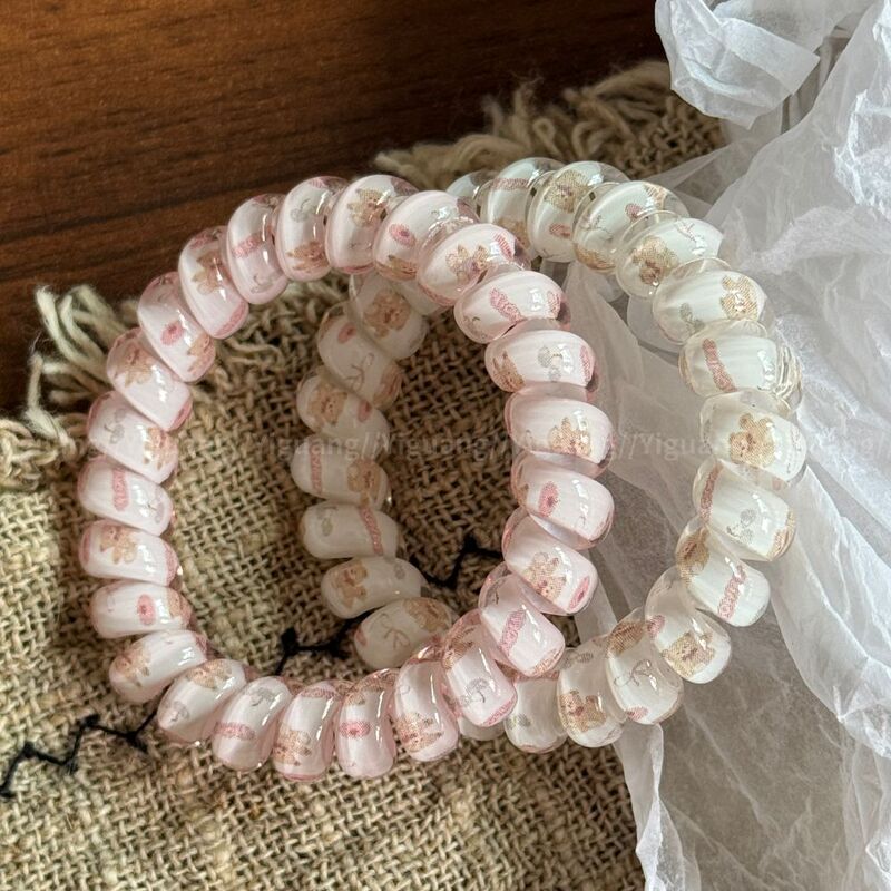 Korean-style gentle printed bear telephone cord hair tie, sweet telephone cord hair tie, seamless hair band for girls