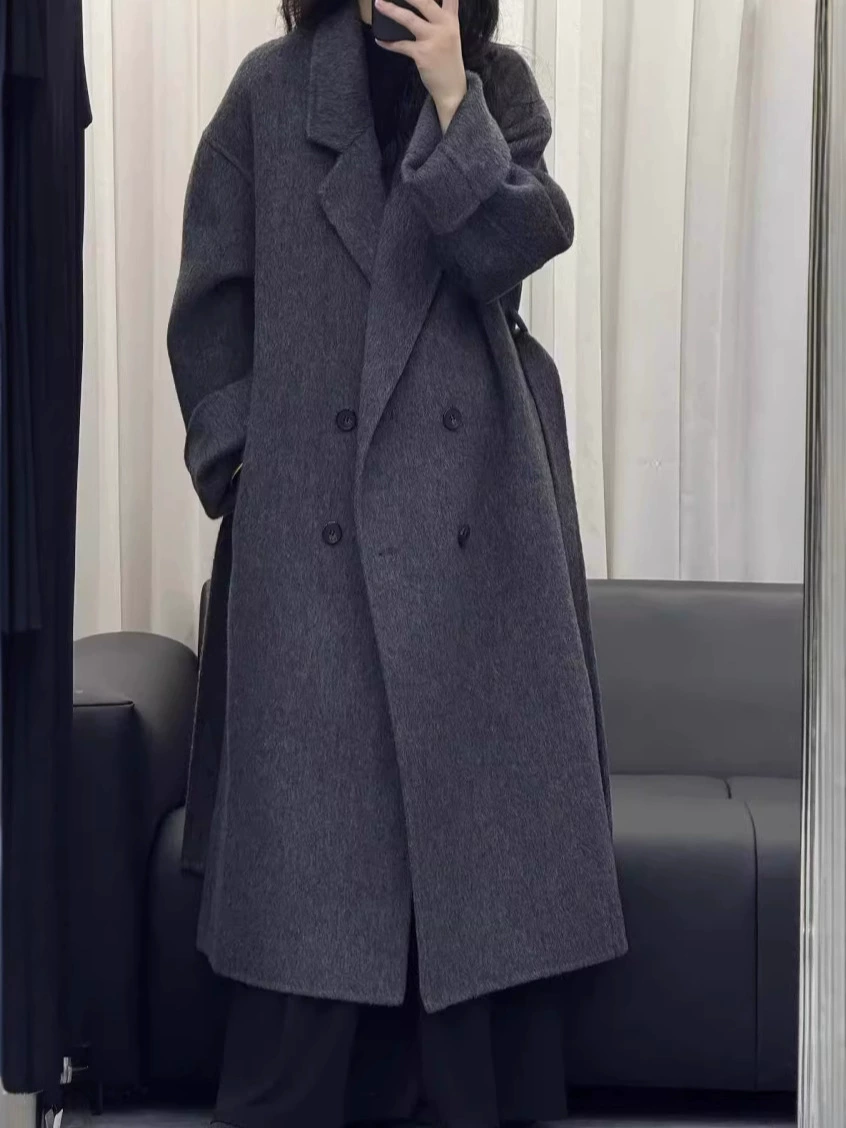 Пальто из полушерсти полушерсти демисезонное двустороннее, Oversized; оливково-зеленый / серый / черный, размер S–M