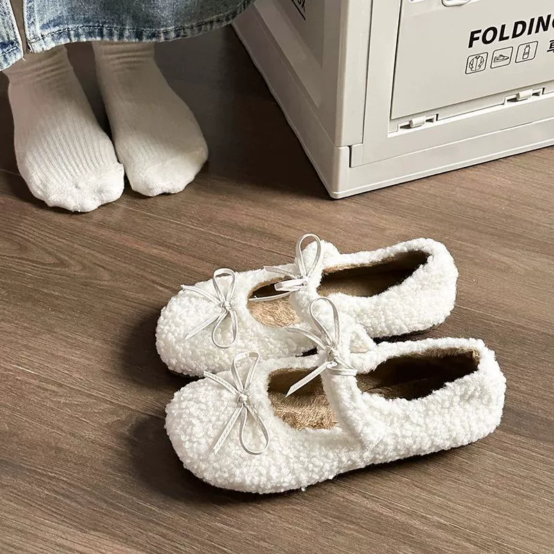 Универсальные женские туфли-балетки с бантом, новинка осени-зимы 2025, плюшевые меховые туфли, мягкие хлопковые туфли на плоской подошве.