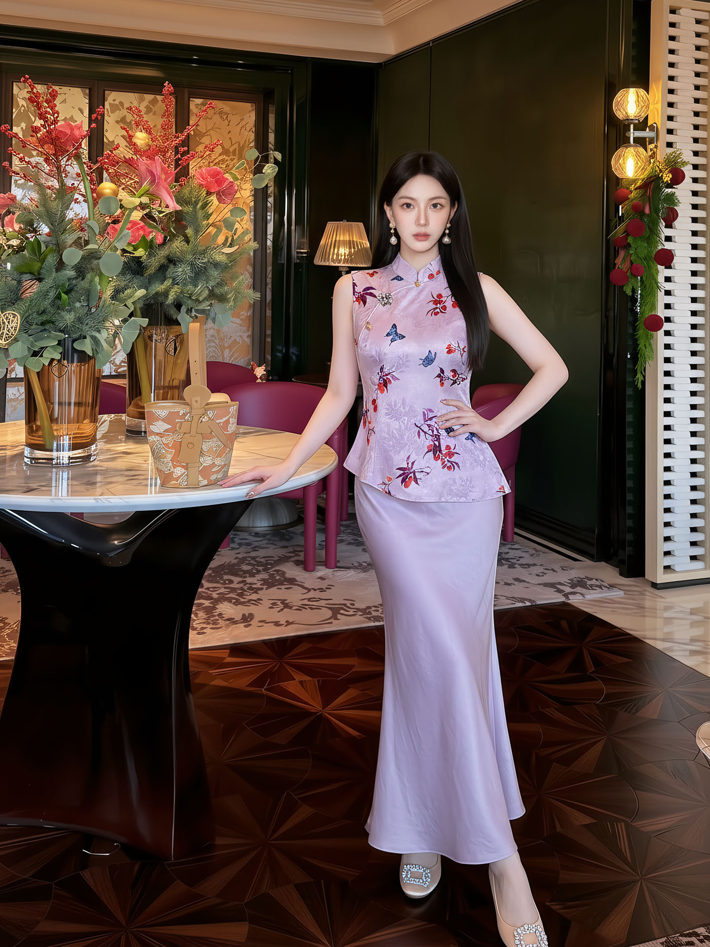 Áo gile nữ cổ đứng không tay họa tiết thêu hoa văn quốc phong — màu tím