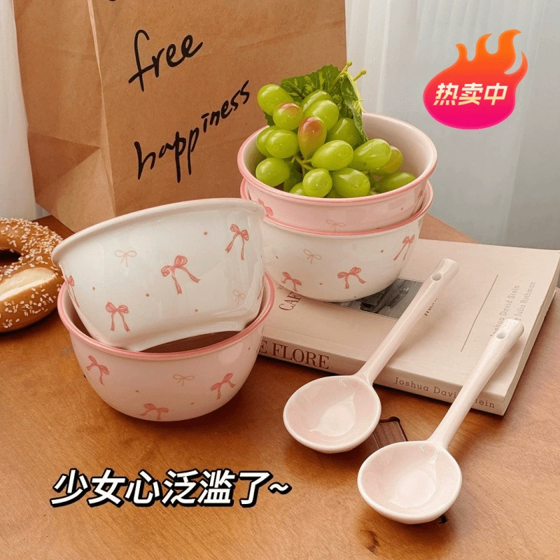 蝴蝶结少女心ins米饭碗陶瓷碗勺釉下彩高颜值餐具饭碗甜品碗喝汤