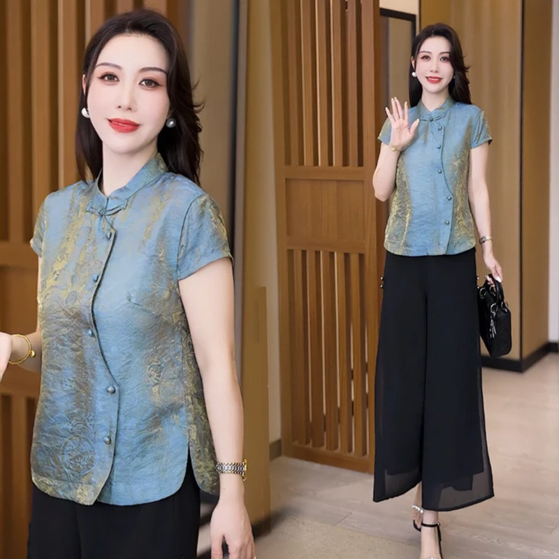 新しい中国風の女性の半袖スタンドカラーチャイナスタイルシャツトップ薄い女性のファッショナブルなTシャツ偏心ボトムシャツ大きいサイズ|undefined