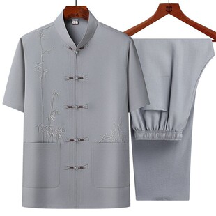 Summer New Dad Short-sleeved Suit Chinese Style Men's Short-sleeved Shirt for Middle-aged and Elderly Men's Tang Suit Two-piece Suit