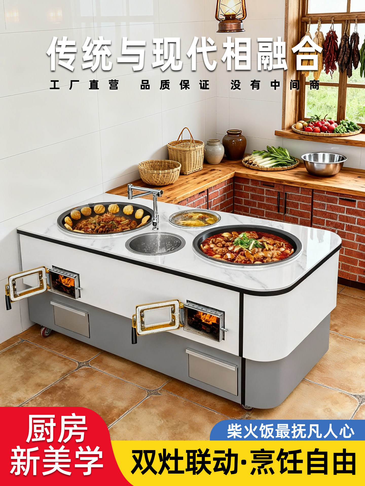 岩板灶台新款柴火灶农村家用烧木柴大铁锅双锅大灶自建房温水锅灶