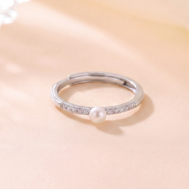 Nhẫn bạc S925 mạ vàng đính ngọc trai nước ngọt tự nhiên kiểu hở mũi đơn giản thời trang — Bạc