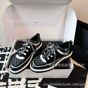 C Letter Briggs Panda Women's Shoes Early Spring 2025 Round Head Cowhide Diamond Plaid sneaker Lace-Up White Shoes