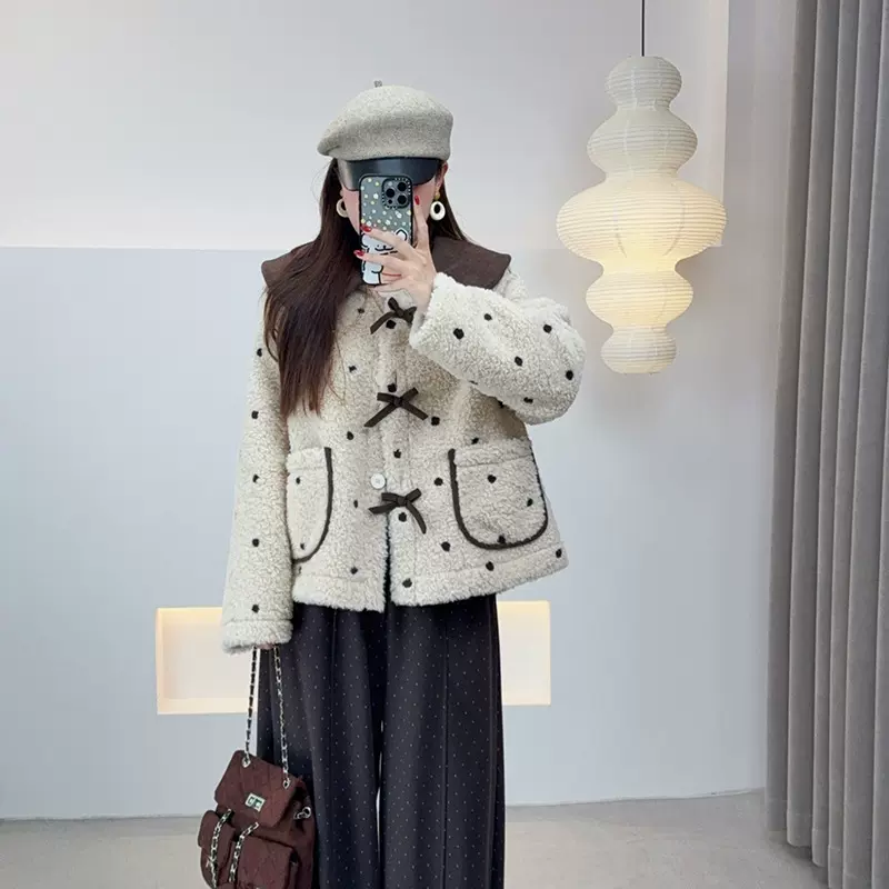 双天2025年冬季胖mm大码女装新款蝴蝶结翻领撞色波点毛毛外套9208